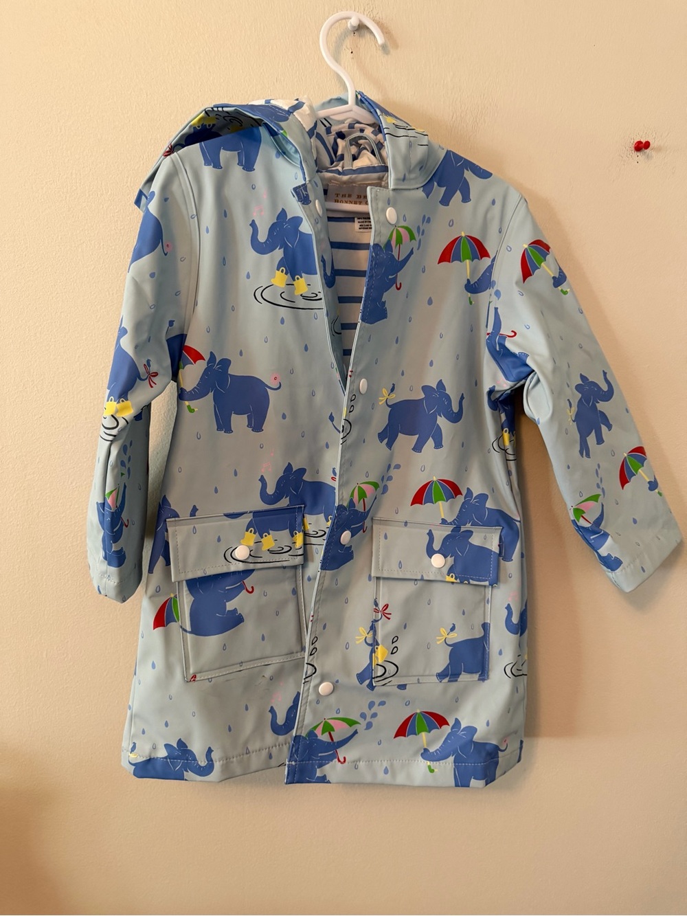 The Beaufort Bonnet Company Blue Elephant Print Kids Raincoat with Hood